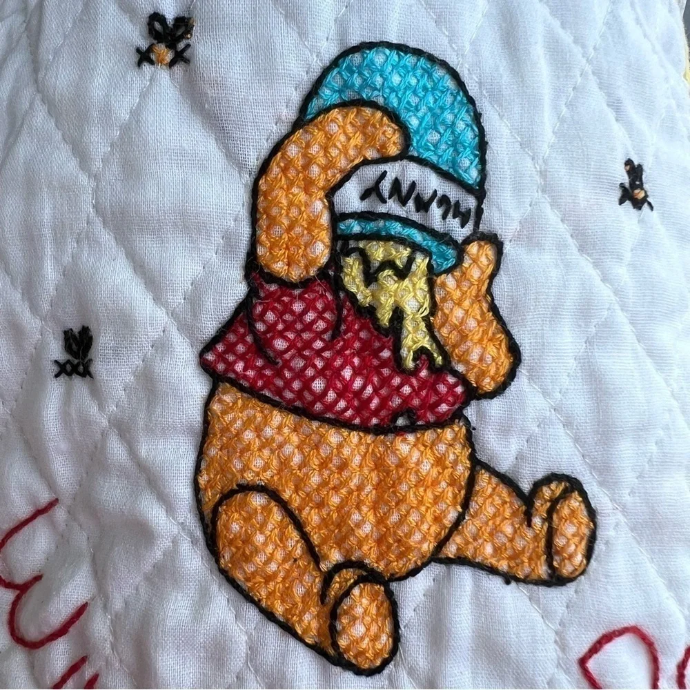 Vtg Disney Winnie The Pooh Honey Pot Bees Quilted Cross Stitch Bib Sears USA GUC